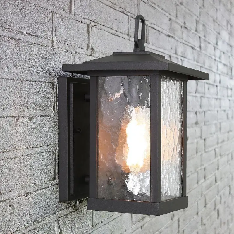 1-Light Transitional Outdoor Wall Light Lantern Sconce with Watered Glass Matt Black Coach Light LED Compatibleeach