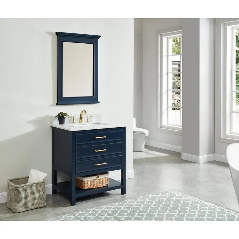 allen   roth Presnell 31-in Navy Blue Single Sink Bathroom Vanity with Carrara White Natural Marble TopNavy Blue