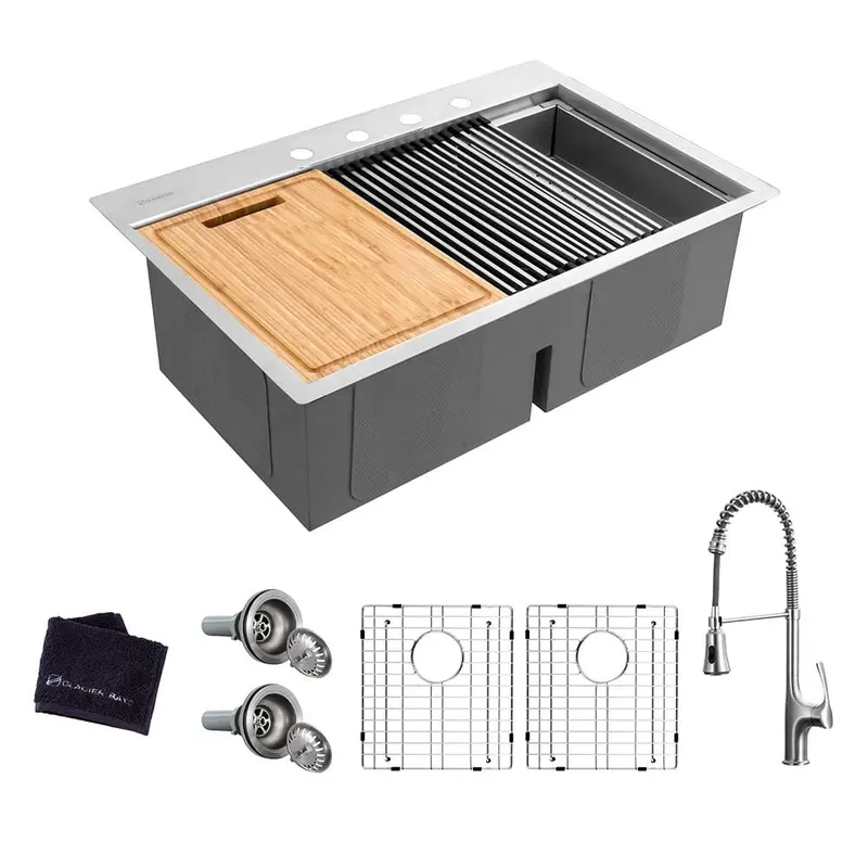 All-in-One Drop-In Stainless Steel 33 in. 4-Hole 50/50 Double Bowl Workstation Sink with Faucet and Accessories Kit53.4 / each