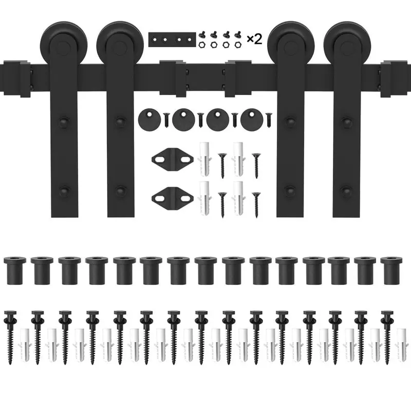 18 ft./216 in. Frosted Black Strap Sliding Barn Door Track Hardware Kit for Double Wood Doors Non-Routed Floor Guide