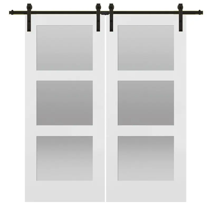 72 in. x 84 in. Shaker 3-Lite Frosted Glass Primed MDF Double Sliding Barn Door with Bent Strap Hardware KitsPrimed / 72 x 84 / Bronze