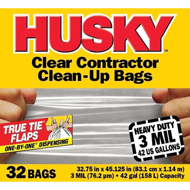 Husky HC42WC032C Clean-Up Trash Bag, 42 gal Capacity, Polyethylene, Clear