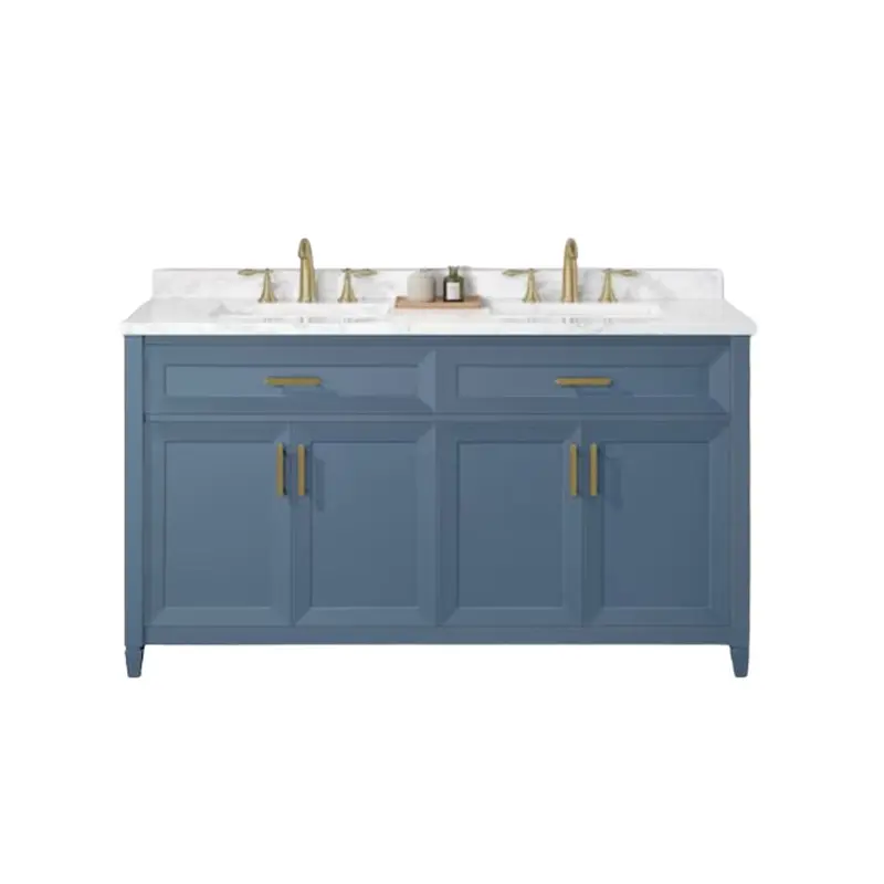 allen   roth Lancashire 60-in Chambray Blue Undermount Double Sink Bathroom Vanity with White Engineered Stone Top