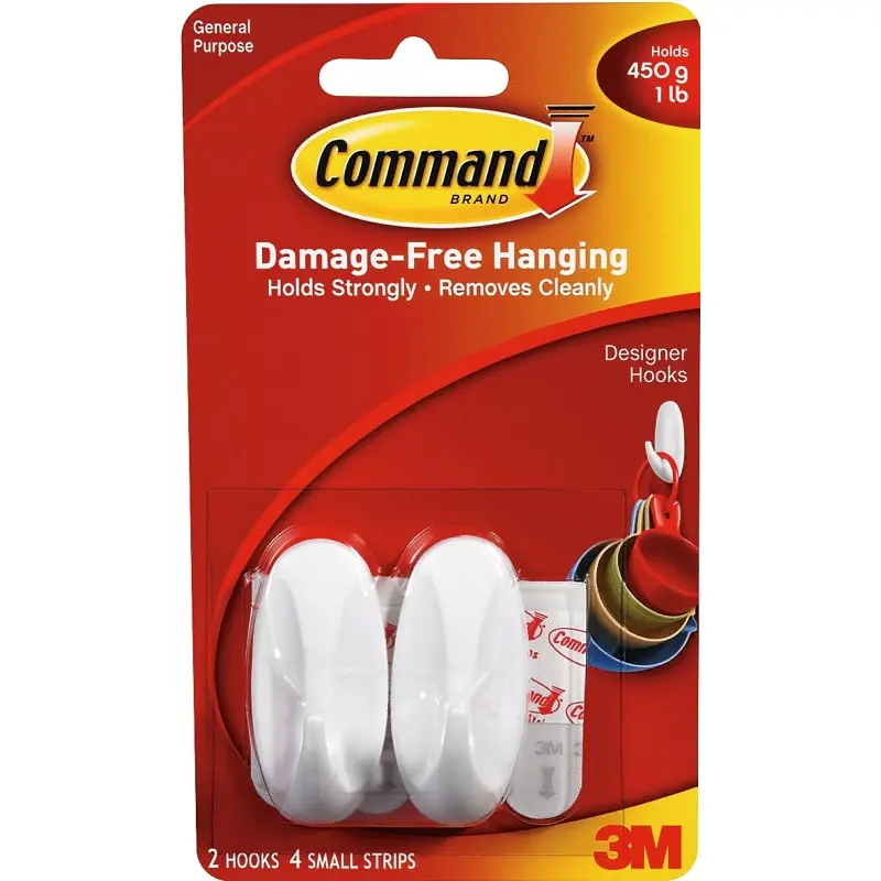 Command 17082 Designer Hook, 1/4 in Opening, 1 lb, 2-Hook, Plastic, White