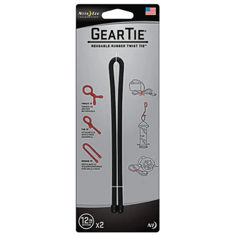 Gear Tie GT12-2PK-01 Twist Tie, Rubber, Black