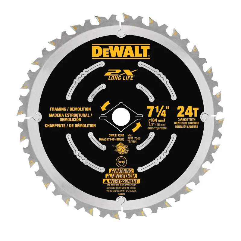 DeWALT DWA35724DB10 Saw Blade, 7-1/4 in Dia, 5/8 in Arbor, 24-Teeth, Carbide Cutting Edge
