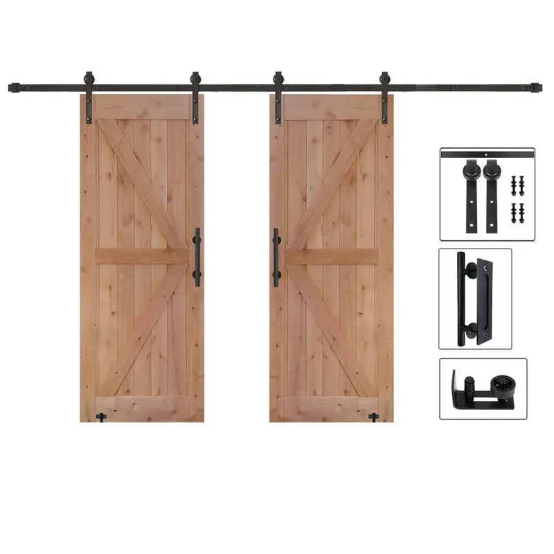 60 in. x 84 in. Assembled Bi-Parting Rustic Unfinished Hardwood Interior Sliding Barn Door Slab with Hardware KitLight Brown/Unfinished / 42 x 84 / Black