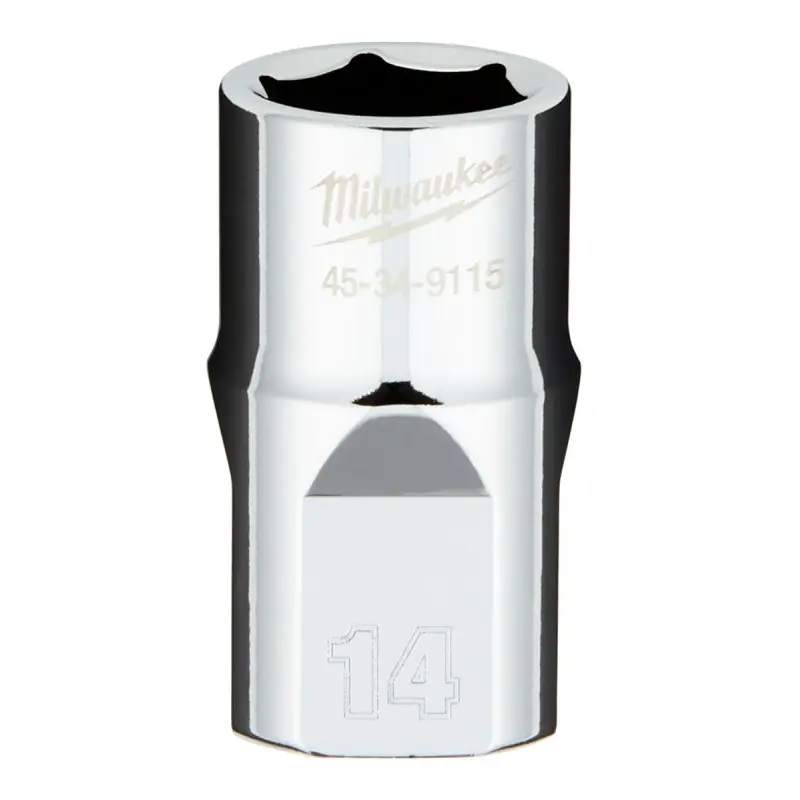 Milwaukee 45-34-9115 Socket, 14 mm Socket, 1/2 in Drive, 6-Point, Chrome Vanadium Steel, Chrome
