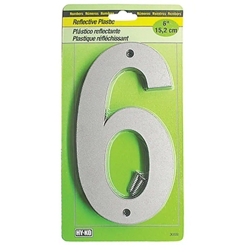Hy-Ko 30800 Series 30806 Reflective Sign, Character: 6, 6 in H Character, Black/Silver Character, Plastic
