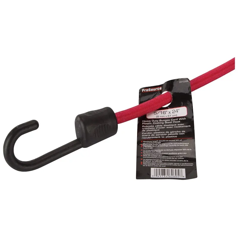ProSource FH64082 Stretch Cord, 8 mm Dia, 24 in L, Red, Hook End