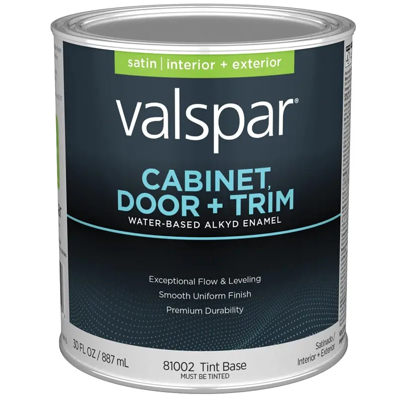 Valspar 8100 028.0081002.005 Cabinet, Door and Trim Paint Enamel, Water Base, Satin Sheen, Tint Base, 1 qt
