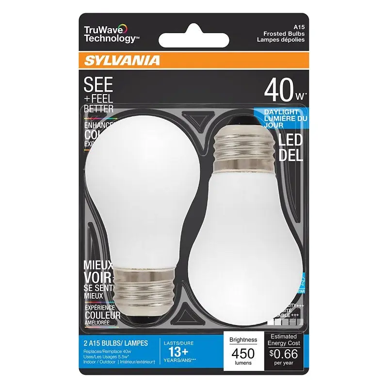 Sylvania 40775 Natural LED Bulb, General Purpose, A15 Lamp, 40 W Equivalent, E26 Lamp Base, Dimmable, Frosted