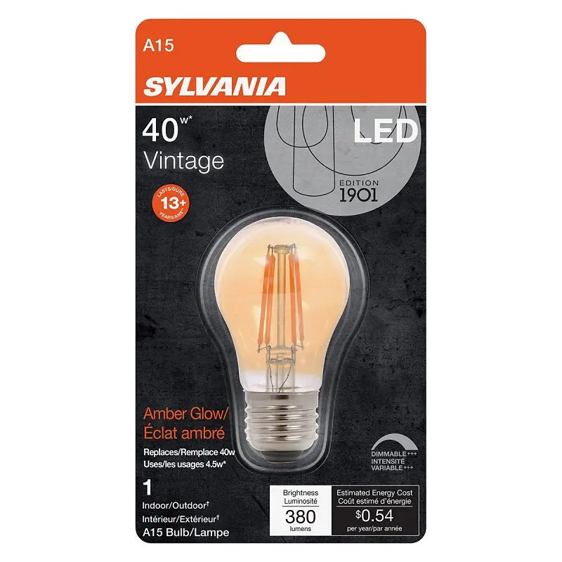 Sylvania 75343 Ultra Vintage LED Lamp, Decorative, A15 Lamp, 40 W Equivalent, E26 Lamp Base, Dimmable, Warm White Light