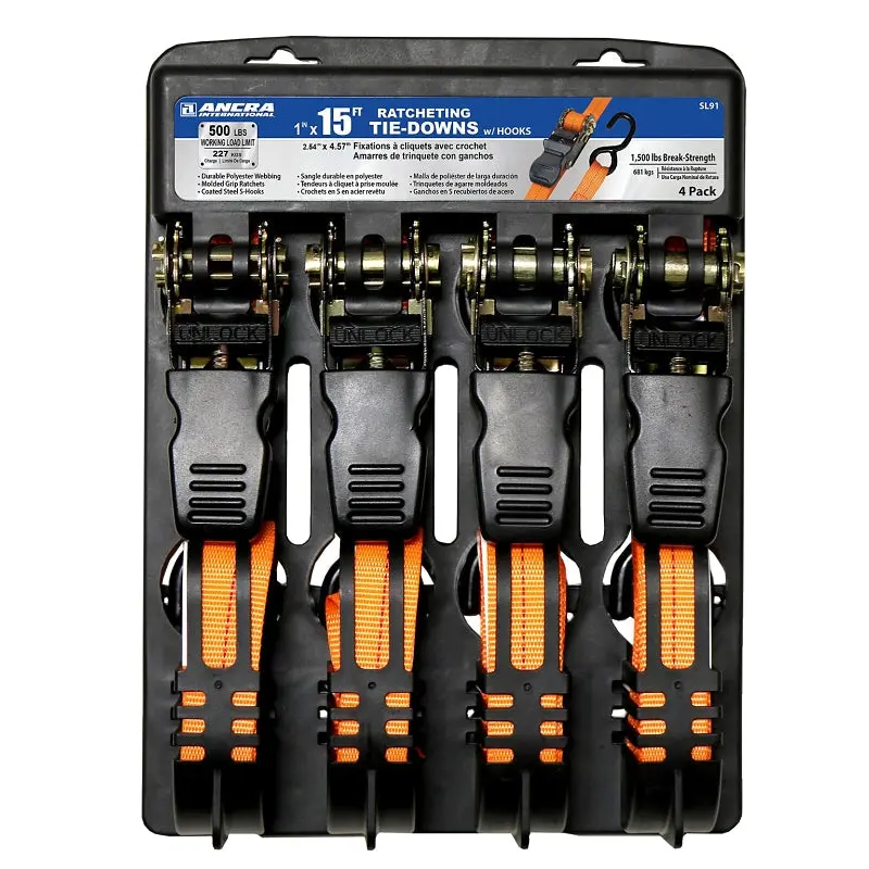 ANCRA SL91 Tie-Down, 1 in W, 15 ft L, Polyester, Bright Orange, 500 lb Working Load, S-Hook End