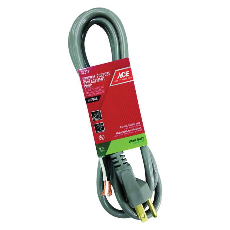 ACE 1PS-003-008FGY Appliance Cord, 125 VAC, 16/3 AWG Conductor, 8 ft L, Gray