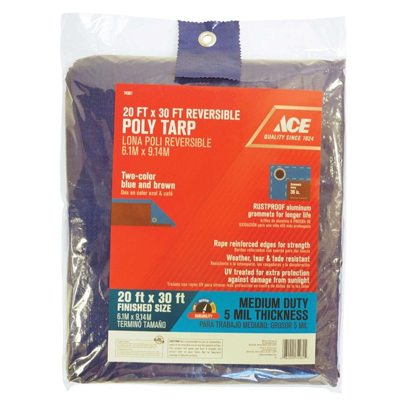 ACE AK-MT2030BB Medium-Duty Tarp, Polyethylene Tarp, Blue/Brown Tarp Top, 3 ft Grommet Spacing, Resists: UV, Weather